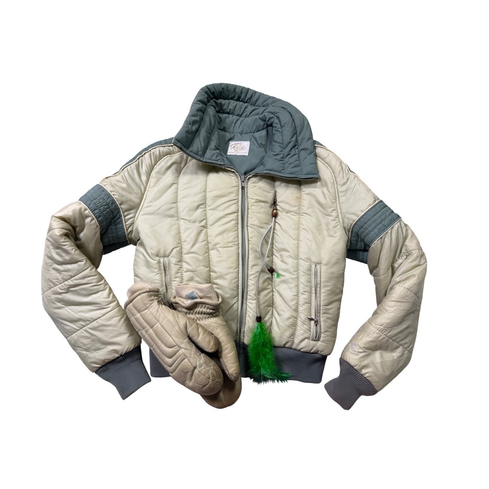 Vintage 70s Roffe Ski Jacket Small Cream Gray With Mittens & Ski Pins
